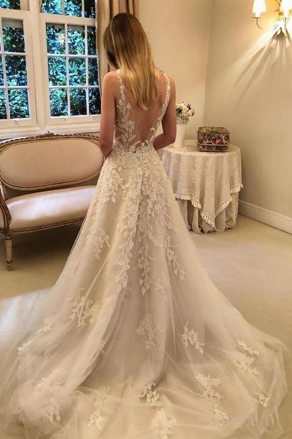 Trendy A-line Rustic V Neck Beaded Lace Bridal Gown TWA3512