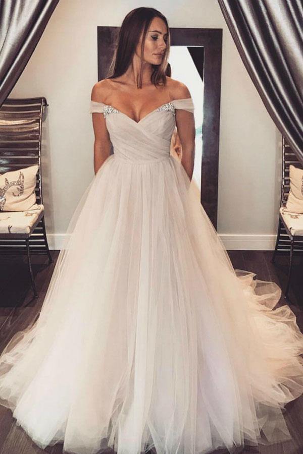 Trendy Off Shoulder Tulle Sleeves Blush Wedding Gown TWA3542