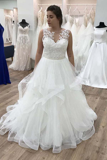Trendy A-line Appliques Ruffles Plus Size Wedding Gown TWA3582