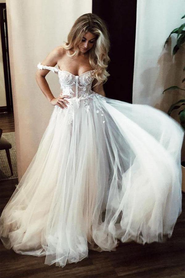 Trendy Off Shoulder Appliques Wedding Gown TWA3632