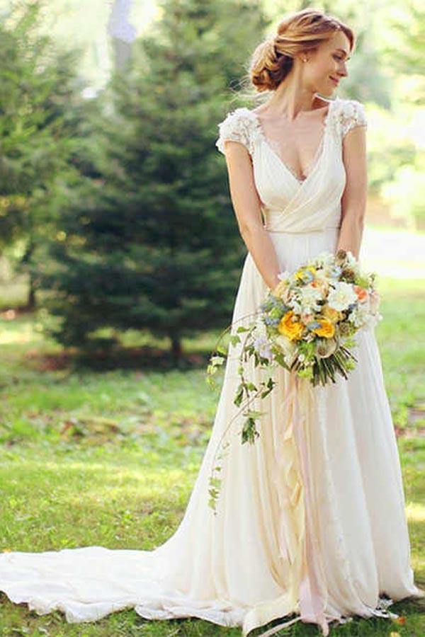 Deep V Neck Cap Sleeve Appliques Wedding Gown TWA3662