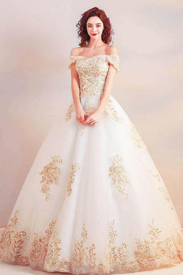 Off the Shoulder Ball Gown Gold Appliques Wedding Gown TWA3682