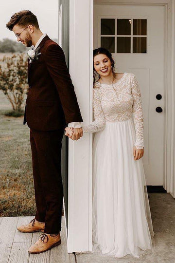 A-Line Boho Lace Top Long Sleeves Wedding Gown TWA3712