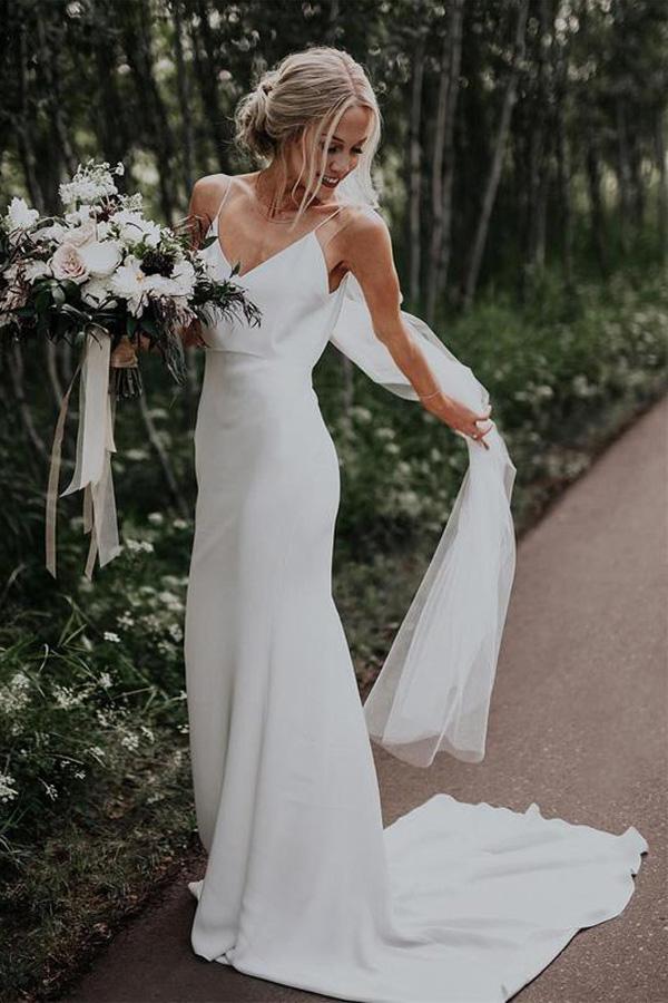 Spaghetti Straps Mermaid V-Neck Beach Wedding Gown TWA3812