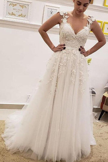A Line V Neck Ivory Lace Fairy Appliques Wedding Gown TWA3822