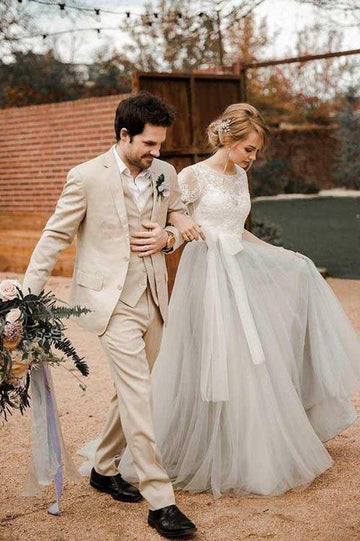 Vintage Short Sleeve Lace Silver Wedding Gown TWA3862