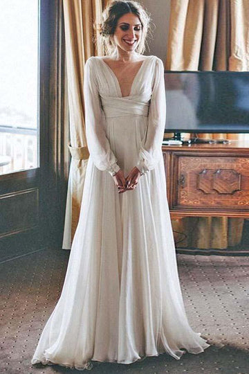 A-Line V-Neck Long Sleeve Chiffon Beach Wedding Gown TWA3892