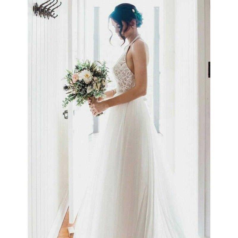 A-Line Halter Boho Tulle Lace Wedding Gown TWA3902