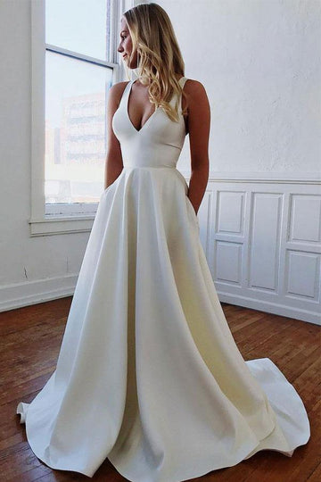 Trendy Ivory Satin V Neck Bow-knot Wedding Gown TWA3912