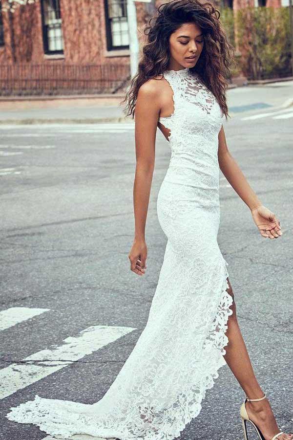 Sheath High Neck Split Open Back Lace Wedding Gown TWA3972