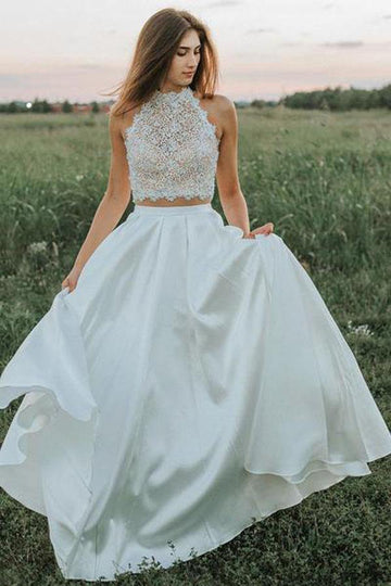 A Line Two Pieces Lace Halter Country Wedding Gown with Pockets TWA4032
