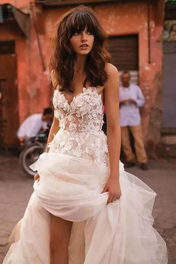 Trendy Straps A-line Brush Train Tulle Bridal Gown TWA4262