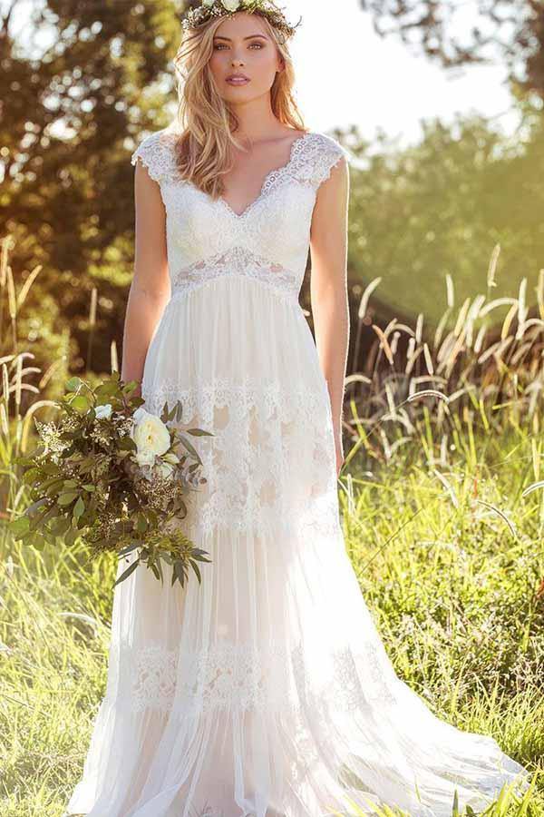 Trendy A-Line V-Neck Boho Lace Rustic Wedding Gown TWA4342
