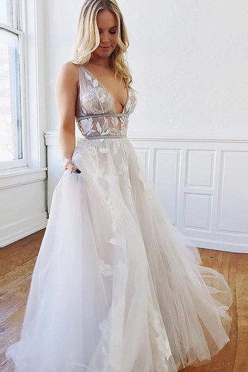 Trendy A Line Appliques Deep V-Neck White Wedding Gown TWA4462