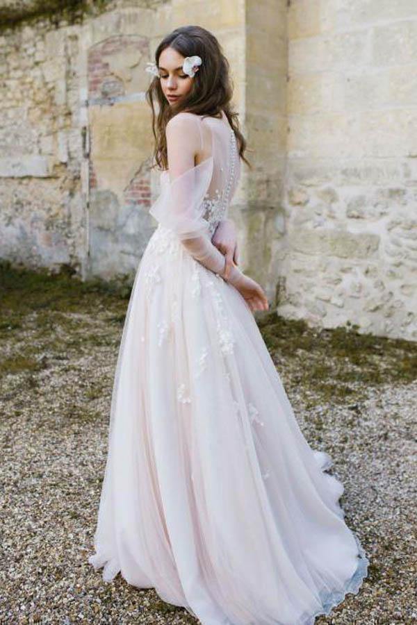 Long Sleeve Beach Cold Shoulder Boho Rustic Wedding Gown TWA4482