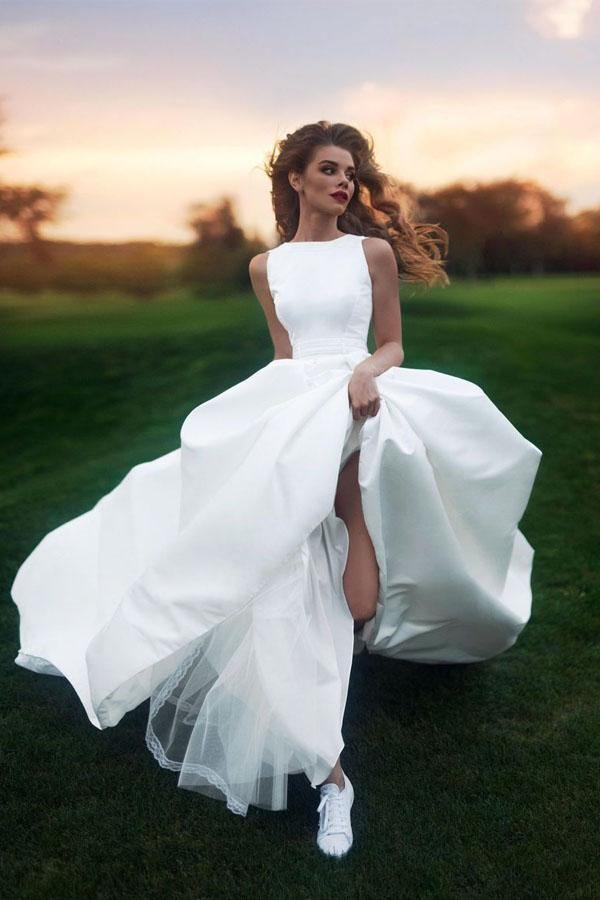 Trendy A-line Long Train Trendy Satin Bridal Gown TWA4492