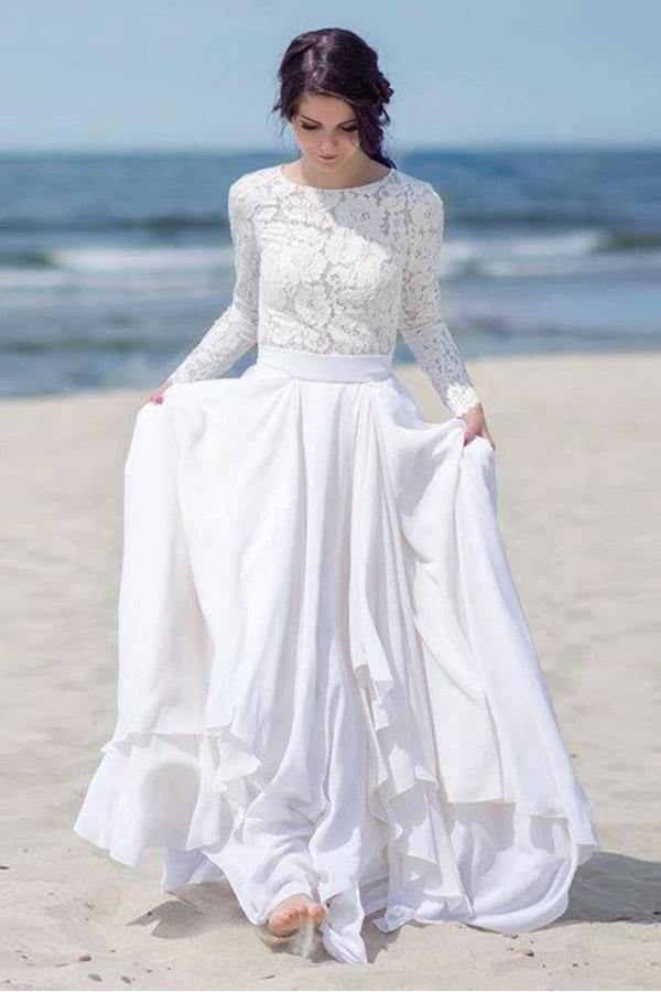 Chiffon Lace Long Sleeve White Zipper Beach Bridal Gowns TWA4512