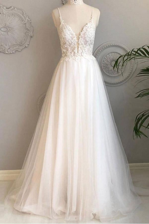 A Line Spaghetti Straps Lace Beach Wedding Gown TWA4532