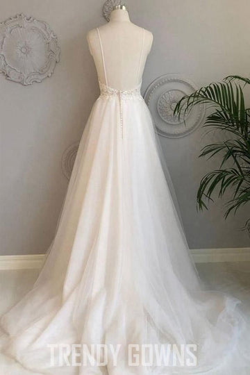 A Line Spaghetti Straps Lace Beach Wedding Gown TWA4532