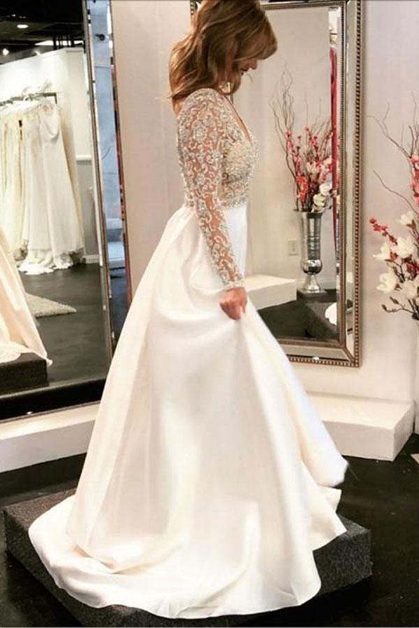 Trendy A-line V-neck Beaded Long Sleeves Wedding Gown TWA4542