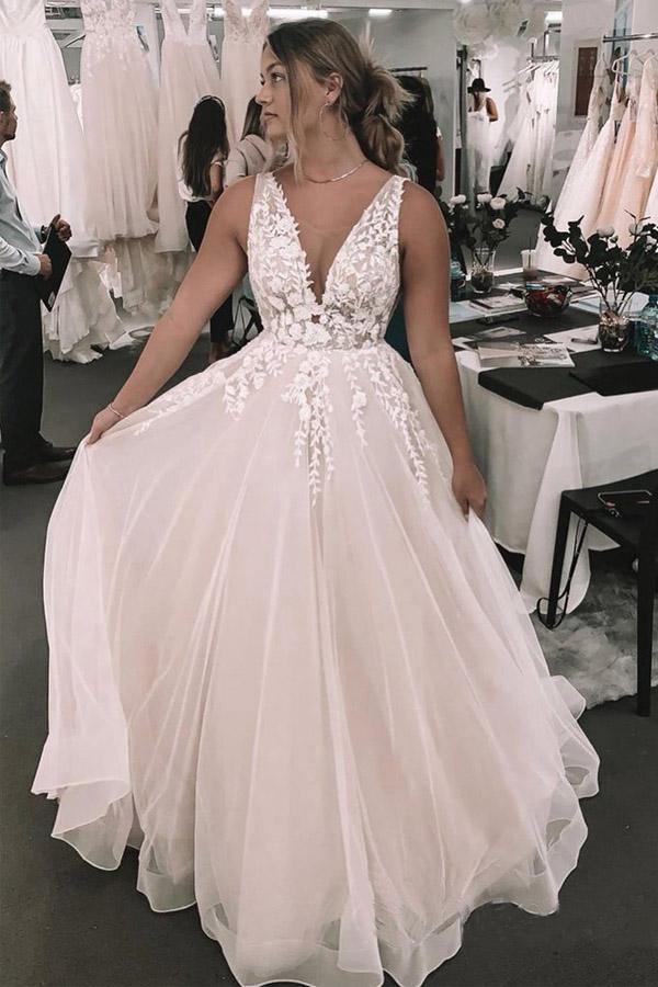 Trendy Deep V Neckline Foral Appliqued Plus Wedding Gown TWA4602