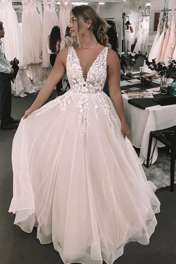 Trendy Deep V Neckline Foral Appliqued Plus Wedding Gown TWA4602