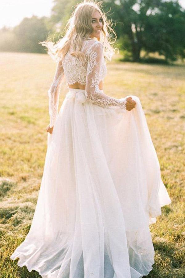 A Line Two Piece Boho Long Sleeves Lace Beach Wedding Gown TWA4632