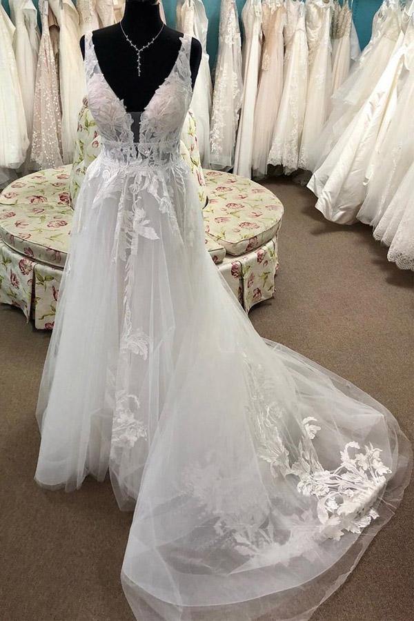 Trendy A Line Lace Applique Deep V Neck Wedding Gown TWA4652
