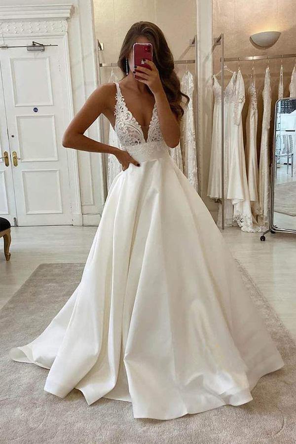 Trendy A-Line V-neck Ivory Satin Wedding Gown TWA4702