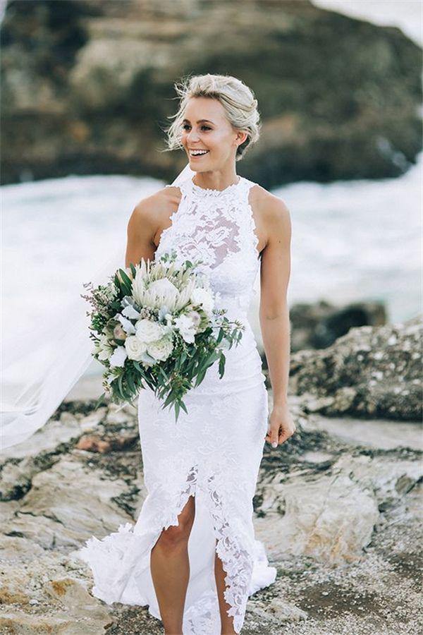Trendy Lace Halter Illusion Split Wedding Gown TWA4712