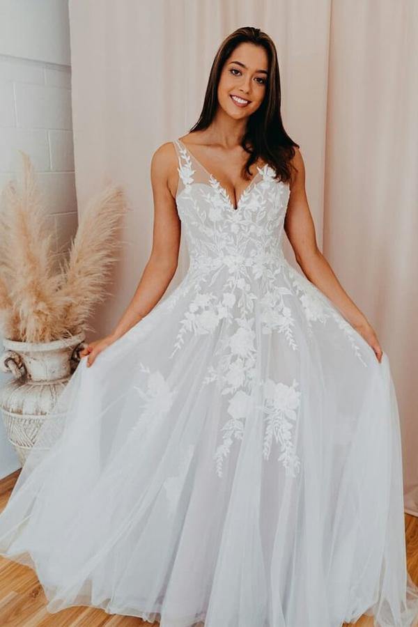 Trendy A-line V Neck Tulle Lace Appliques Wedding Gown TWA4802