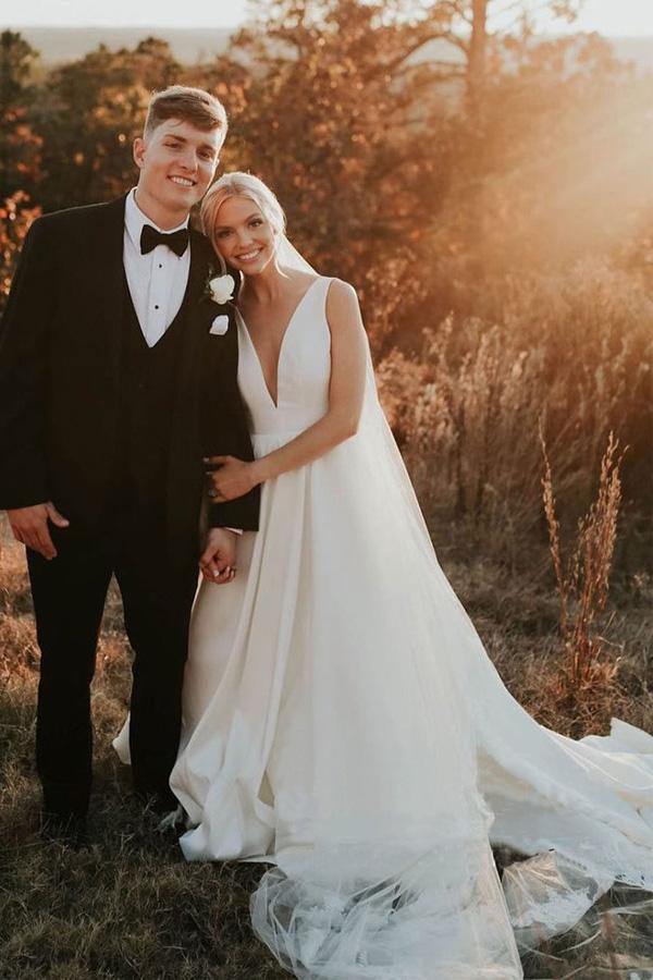 Trendy A-line V Neck Ivory Satin Wedding Gown TWA4882