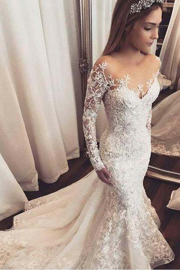 Trendy Mermaid Ivory Lace Long Sleeve Wedding Gown TWA4952