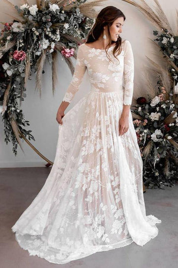 Trendy A-line Scoop Neck Long Sleeves Lace Bridal Gown TWA5032