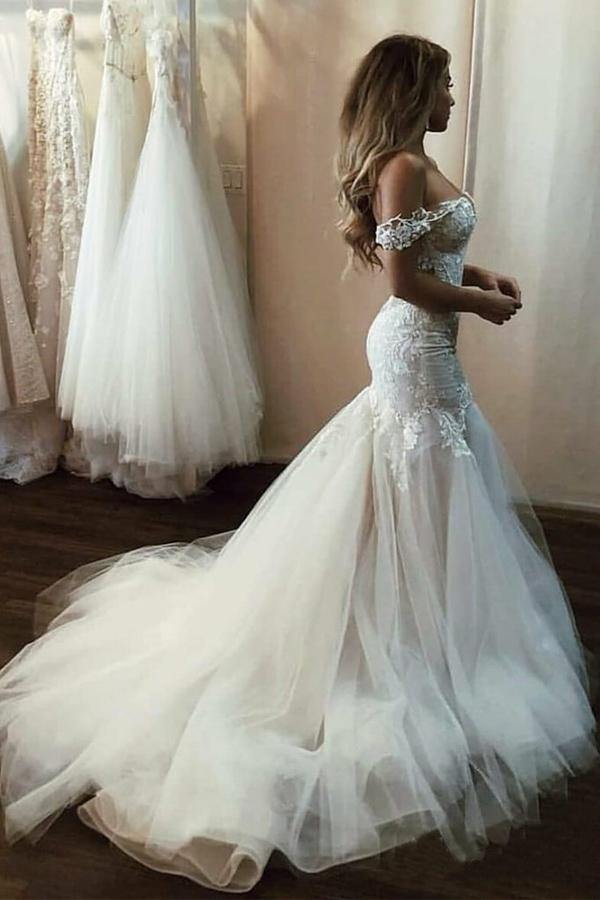 Trendy Off The Shoulder Lace Mermaid Wedding Gown TWA5102