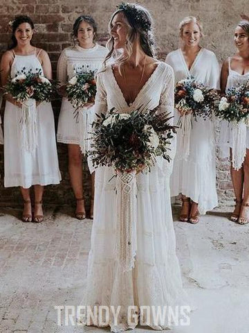 A-line V-neck Long Sleeve Rustic Boho Wedding Gown TWA5162