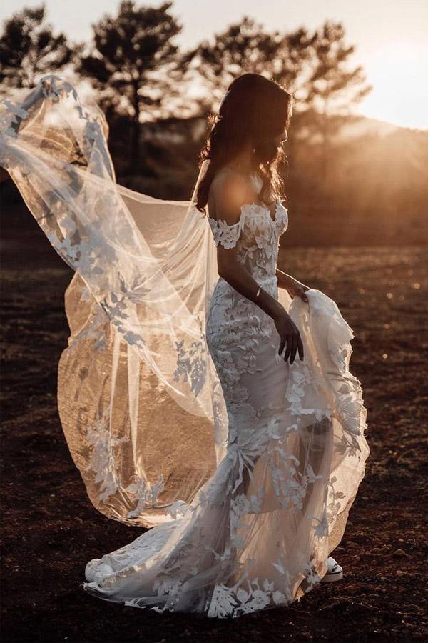 Mermaid Off-the-shoulder Applique Outdoor Rustic Wedding Gown TWA5182