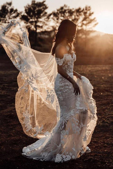 Mermaid Off-the-shoulder Applique Outdoor Rustic Wedding Gown TWA5182