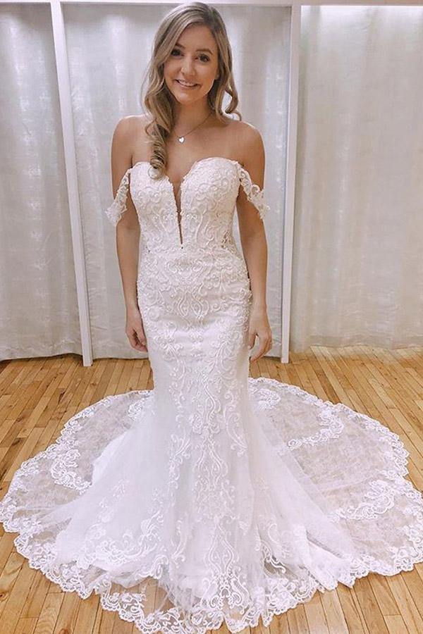 Trendy Mermaid Off the Shoulder Lace Appliques Wedding Gown TWA5272
