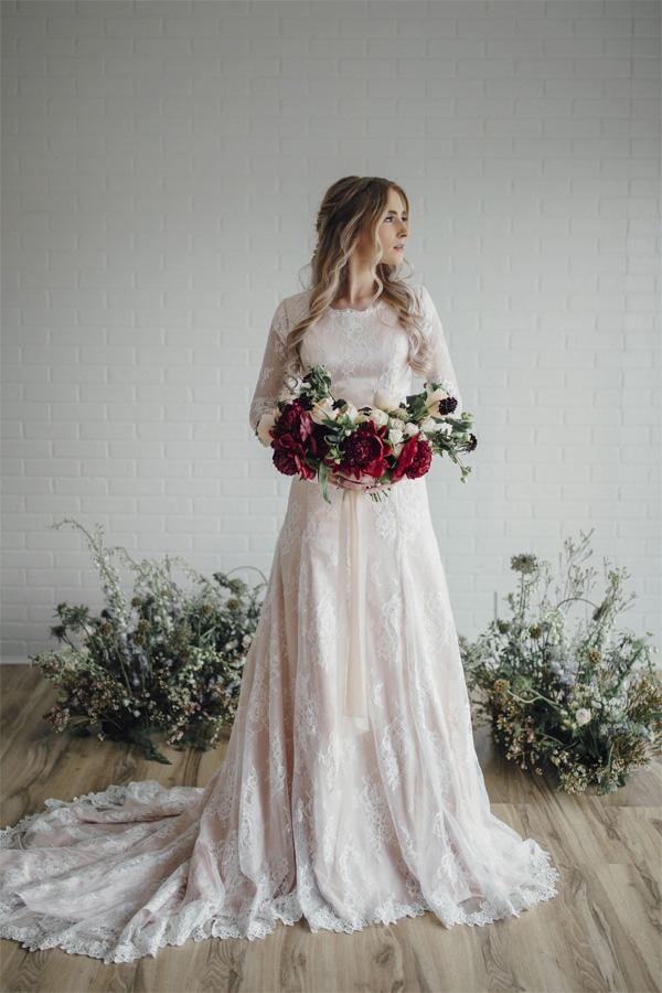 Long Sleeves Lace Modest Wedding Gown TWA5302