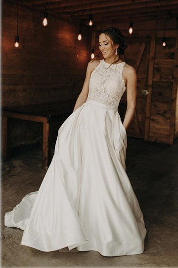 Illusion And Lace Halter Neck A-line After Party Wedding Gown TWA5402
