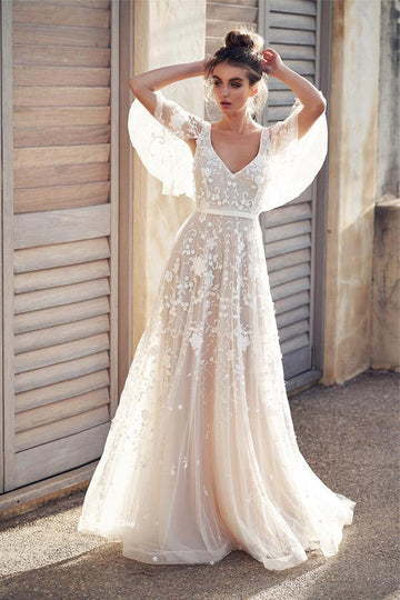 Ivory V Neck Beach Lace Appliques Wedding Gown TWA5462