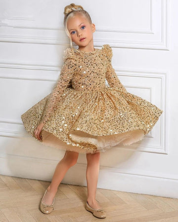 Kids Long Sleeve Sequin Short Party Dress TXD016