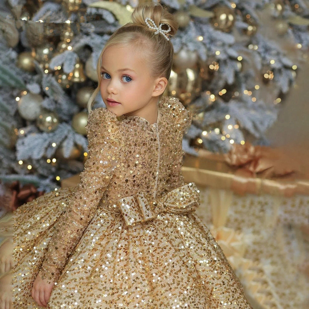 Kids Long Sleeve Sequin Short Party Dress TXD016