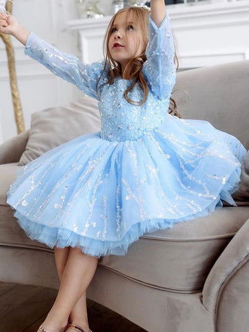 Kids Light Blue Long Sleeve Sequin Party Dress TXD018
