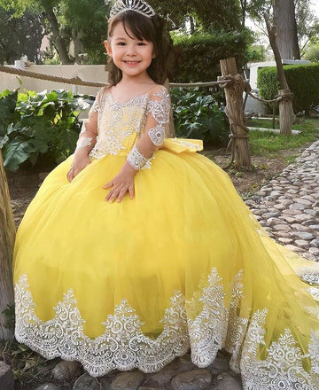 Yellow Long Sleeve Lace Girl Pageant Dress Little Kids Birthday Party Yellow Long Sleeve Lace Girl Pageant Dress Little Kids Birthday Party