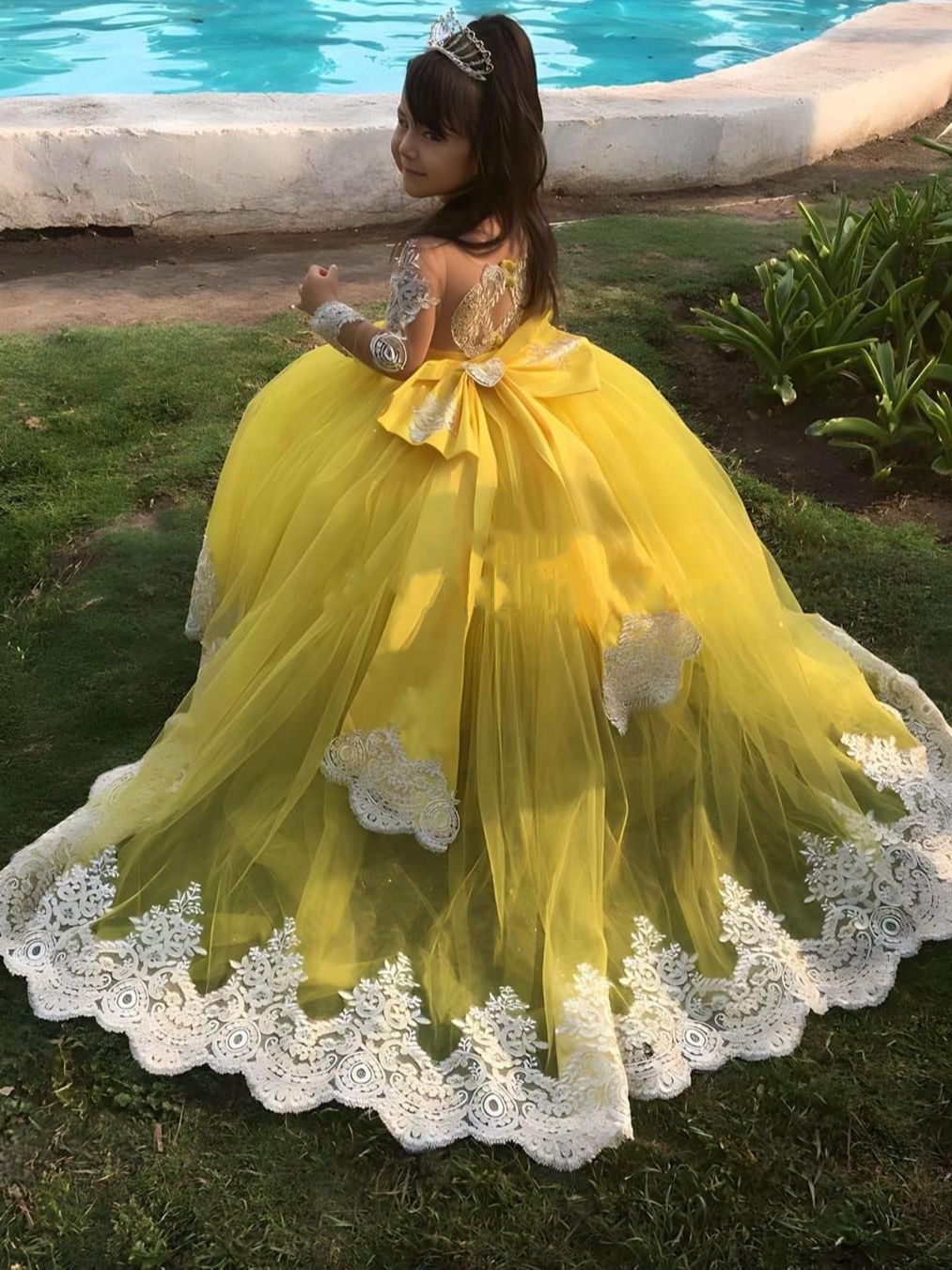 Yellow Long Sleeve Lace Girl Pageant Dress Little Kids Birthday Party Yellow Long Sleeve Lace Girl Pageant Dress Little Kids Birthday Party