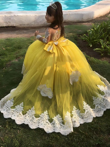 Yellow Long Sleeve Lace Girl Pageant Dress Little Kids Birthday Party Gowns TXD022 Yellow Long Sleeve Lace Girl Pageant Dress Little Kids Birthday Party Gowns TXD022
