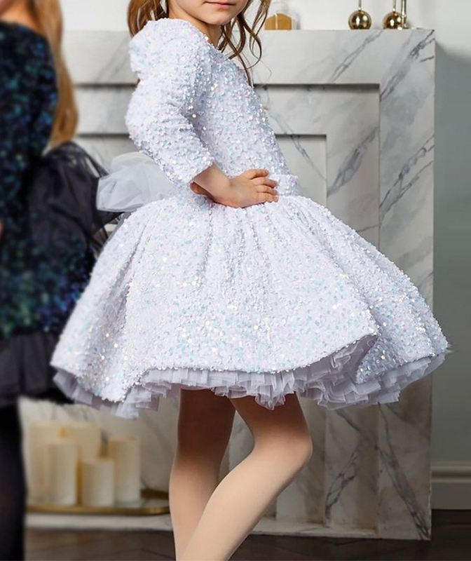White Long Sleeve Flower Girl Short Kiddie Party Gown TXD026