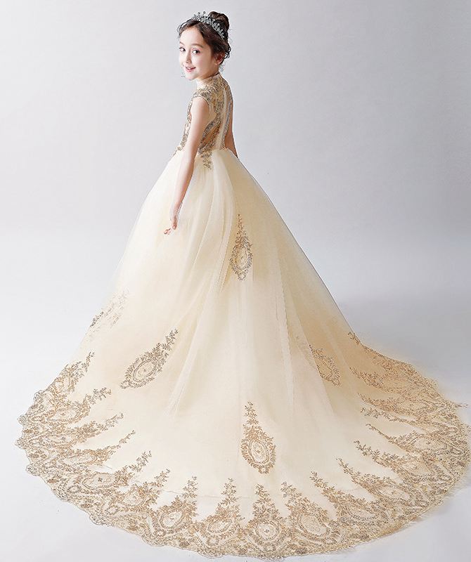 Champagne Lace Beading Gold Long Sleeve Kids Prom Gown TXD027